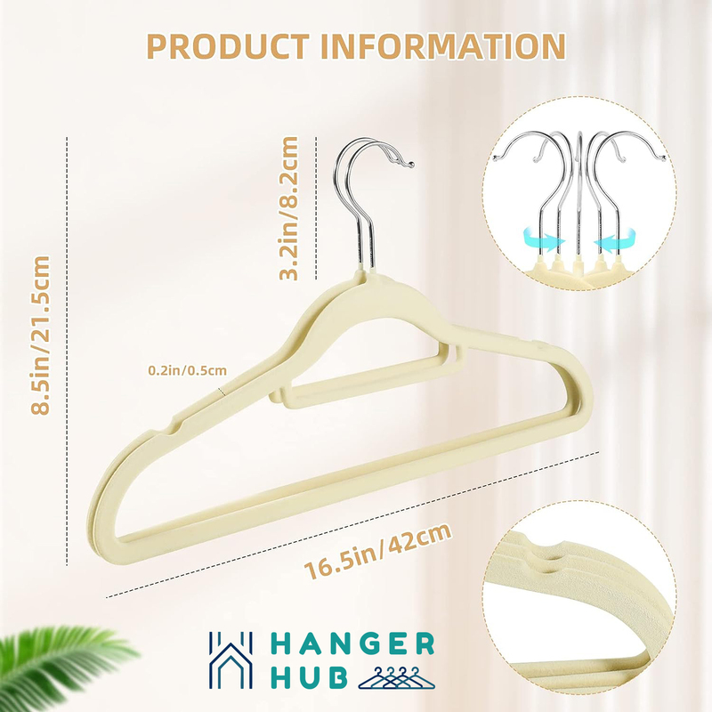 Hanger Hub 75-Piece Non-Slip Space Saving Velvet Clothes Hangers with Tie Bar, Beige