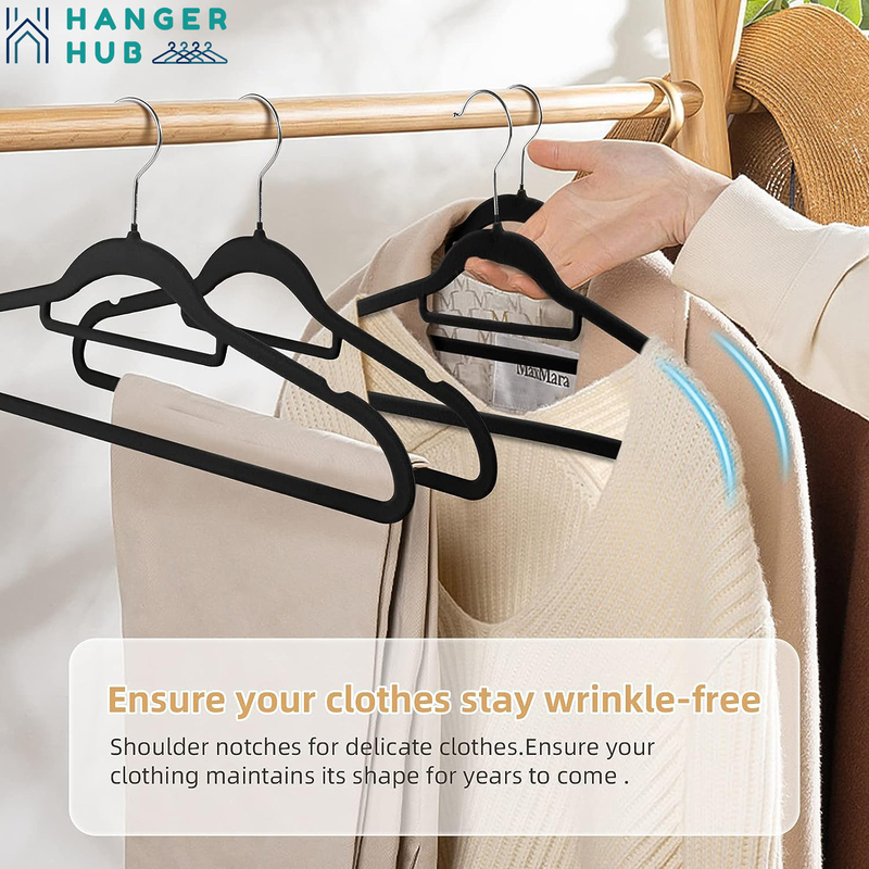 Hanger Hub 50-Piece Non-Slip Space Saving Velvet Clothes Hangers with Tie Bar, Black