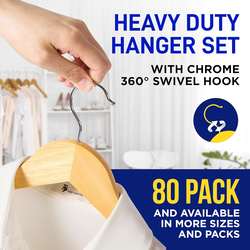 Hanger Hub 80-Piece Strong Wooden Hangers with Silver Chrome Hooks, Natural Wood