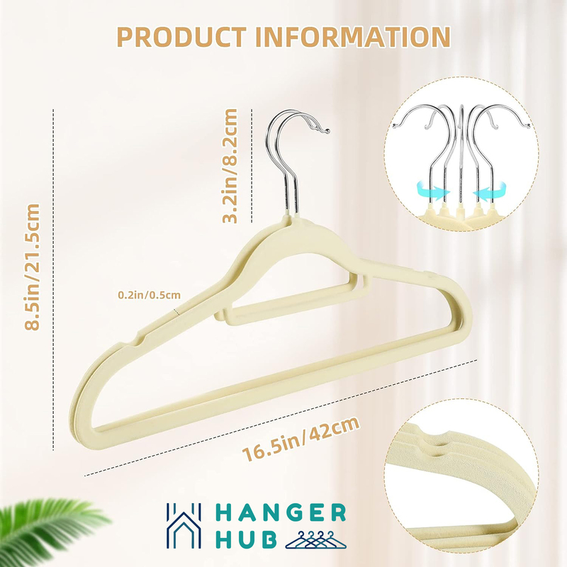 Hanger Hub 50-Piece Non-Slip Space Saving Velvet Clothes Hangers with Tie Bar, Beige