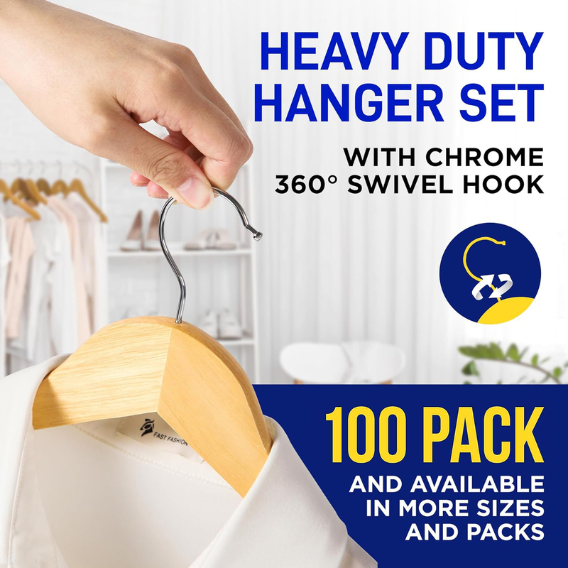 Hanger Hub 100-Piece Strong Wooden Hangers with Silver Chrome Hooks, Natural Wood