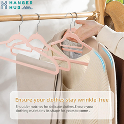 Hanger Hub 50-Piece Non-Slip Space Saving Velvet Clothes Hangers with Tie Bar, Blush Pink