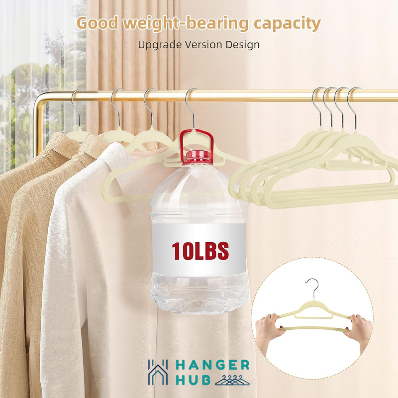 Hanger Hub 75-Piece Non-Slip Space Saving Velvet Clothes Hangers with Tie Bar, Beige