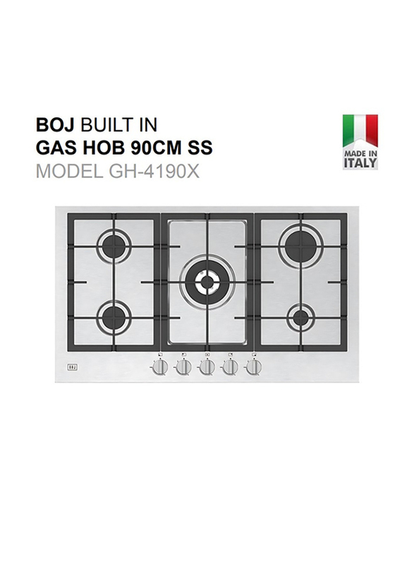 Boj 5-Burner Built In Stainless Steel Gas Hob with Auto Ignition, GH4190X, Silver