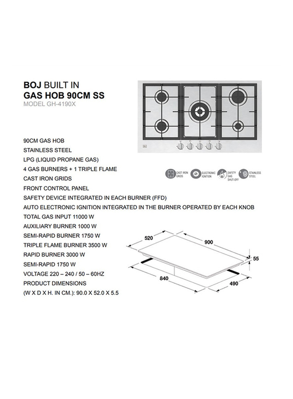 Boj 5-Burner Built In Stainless Steel Gas Hob with Auto Ignition, GH4190X, Silver