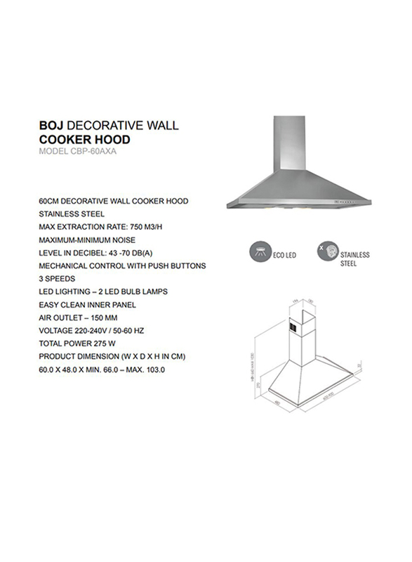Boj 60cm Decorative Stainless Steel Wall Mounted Cooker Hood, CBP-90AXA, Silver