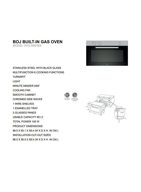 Boj 90cm Stainless Steel Gas Oven with Glass, OVG-9591BX, Silver