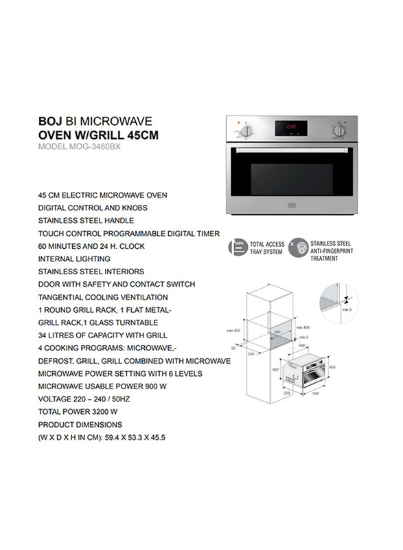 Boj 45cm Built In Microwave Oven with Grill, MOG-3460BX, Silver