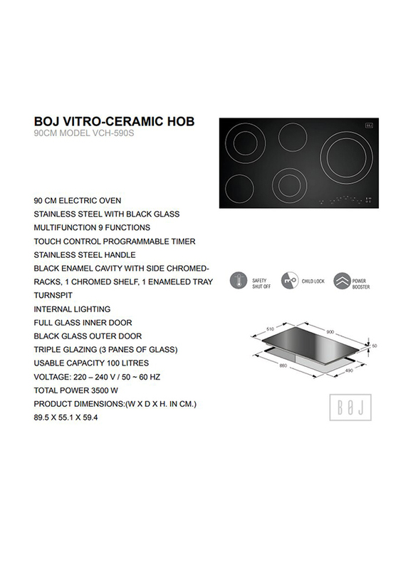 Boj 90cm Vitro Ceramic Gas Hob, VCH-590S, Silver