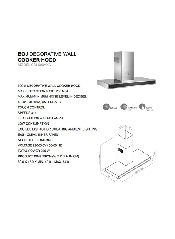 Boj 60cm Built In Chimney Hood, CBI-600AXA, Silver