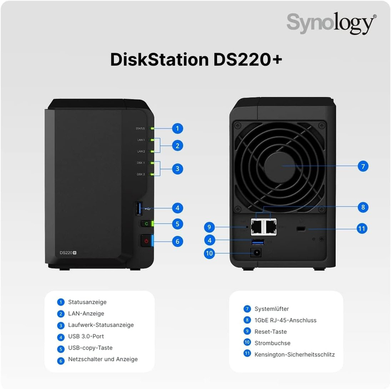 Synology 2 Bay Netzwerkspeicher Gehause 2GB RAM Desktop NAS, DS220+, Black