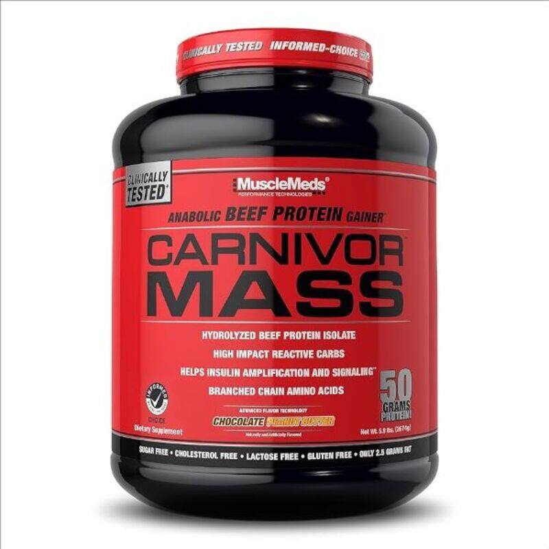 

Musclemeds Carnivor Mass Anabolic Beef Protein Gainer - Lactose Free-Cholesterol Free-Sugar Free-Low Fat. 6lbs(2744g) Chocolate Peanut Butter