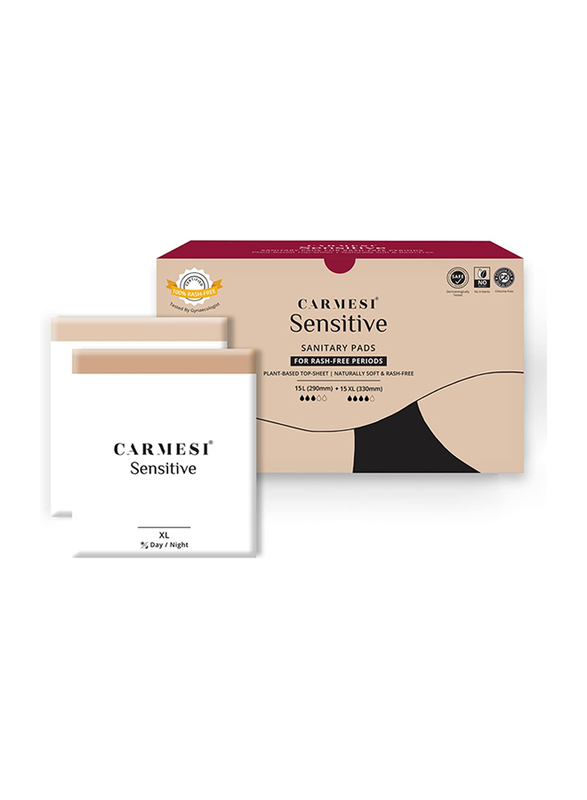 Carmesi Sensitive Sanitary Pads, 15 Large + 15 Extra Large, 30 Pads