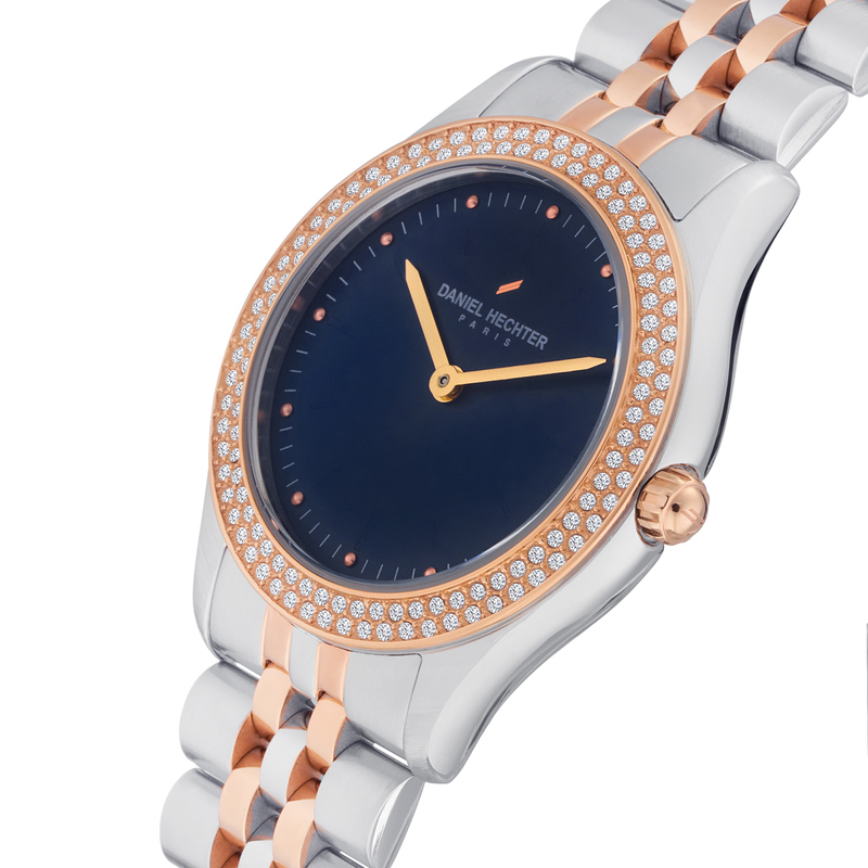 Daniel Hechter Analog Watch for Women with Stainless Steel Band, Water Resistant, DHL00604, Rose Gold-Blue