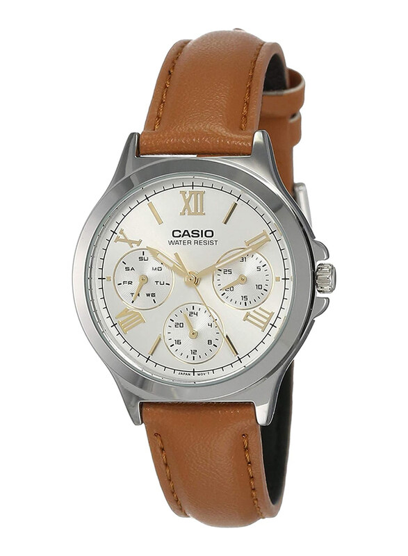 

Casio Analog Watch for Women with Leather Band, Water Resistant and Chronograph, LTP-V300L-7A2UDF, Brown-White