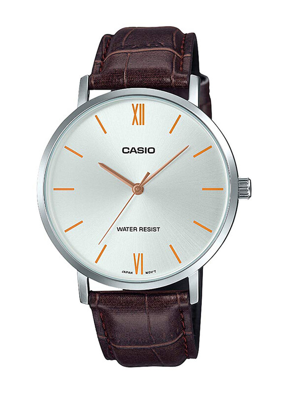 

Casio Analog Quartz Watch for Men with Leather Band, Water Resistant, MTP-VT01L-7B2UDF, Brown-Silver