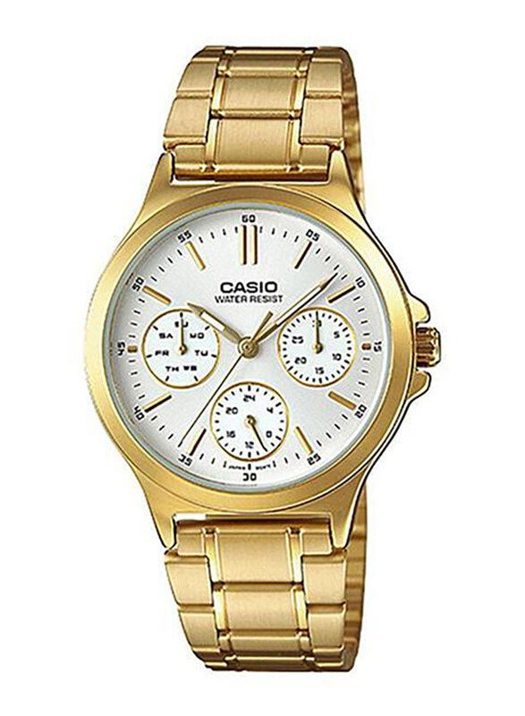 

Casio Dress Analog Watch for Women with Stainless Steel Band, Water Resistant and Chronograph, LTP-V300G-7AUDF, Gold-White