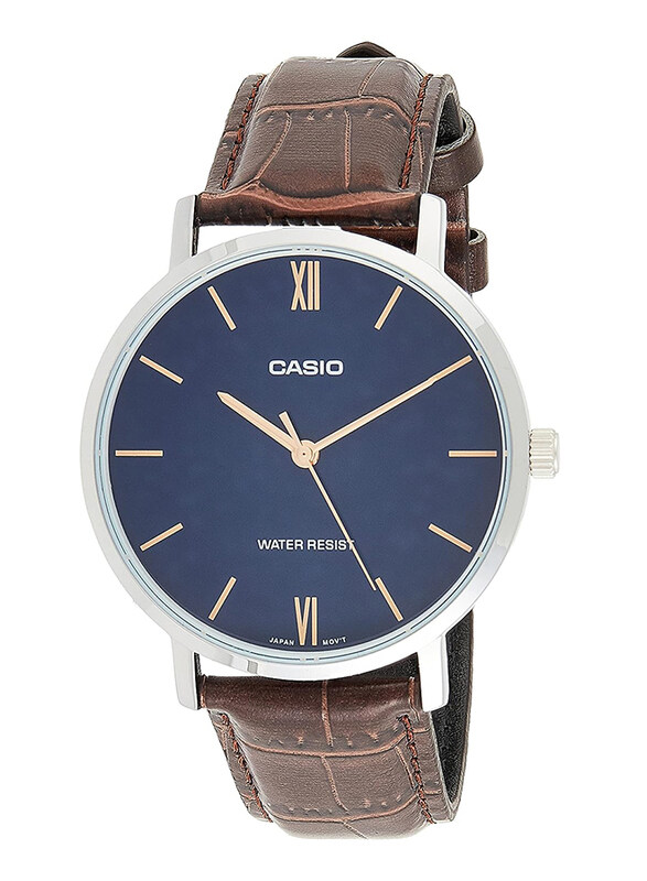 

Casio Enticer Analog Quartz Watch for Men with Leather Band, Water Resistant, MTP-VT01L-2BUDF, Brown-Blue