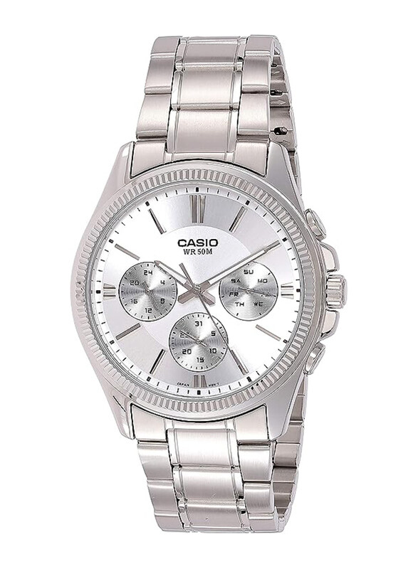 

Casio Enticer Analog Wrist Watch for Men with Stainless Steel Band, Water Resistant and Chronograph, MTP-1375D-7AVDF, Silver-White