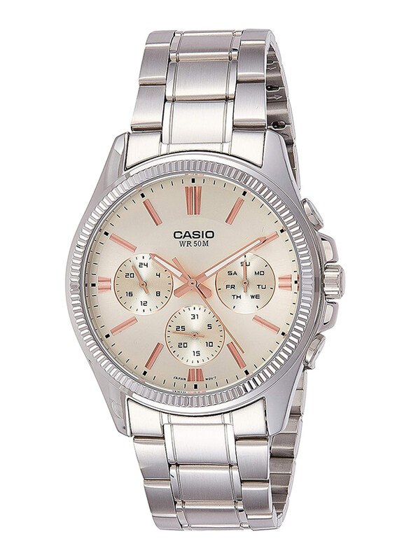 

Casio Enticer Analog Wrist Watch for Men with Stainless Steel Band, Water Resistant and Chronograph, MTP-1375D-7A2VDF, Silver-Rose Gold