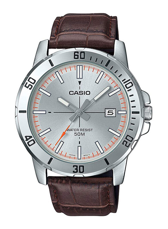 

Casio Enticer Analog Quartz Watch for Men with Leather Band, Water Resistant, MTP-VD01L-8EVUDF, Brown-Silver