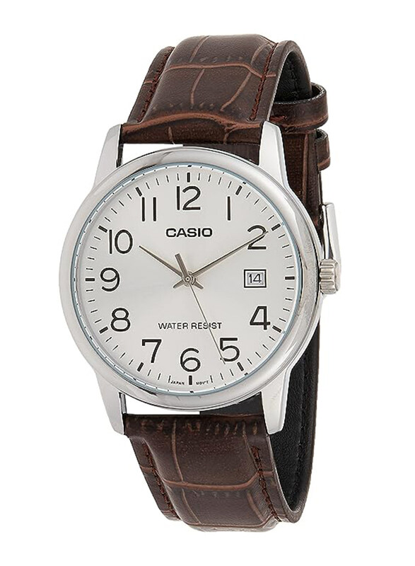

Casio Analog Watch for Men with Leather Band & Date Display, Water Resistant, MTP-V002L-7B2UDF, Brown-Silver