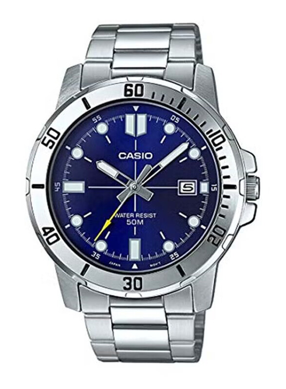 

Casio Analog Quartz Watch for Men with Stainless Steel Band, Water Resistant, MTP-VD01D-2EVUDF, Silver-Blue