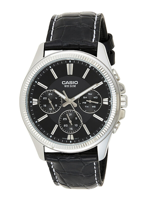 

Casio Enticer Analog Wrist Watch for Men with Leather Band, Water Resistant and Chronograph, MTP-1375L-1AVDF, Black