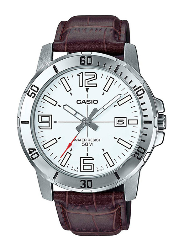 

Casio Enticer Analog Quartz Watch for Men with Leather Band, Water Resistant, MTP-VD01L-7BVUDF, Brown-White