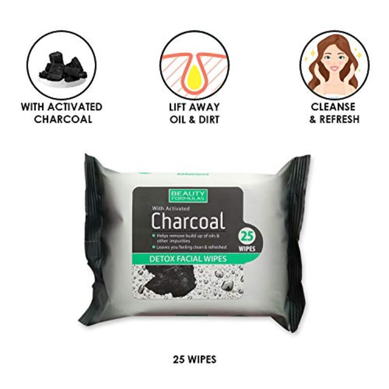 Beauty Formulas Charcoal Detox Facial Wipes, 25 Wipes