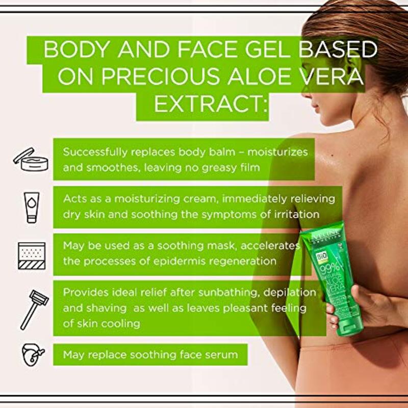 Eveline Cosmetics 99% Natural Aloe Vera Multifunctional Face and Body Gel for Dry and Irritated Skin, 250ml