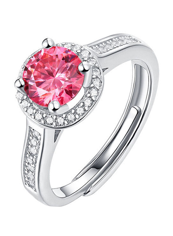 

Moissanite Jewelry Collection Round 925 Sterling Silver Adjustable Ring for Women with Cubic Zirconia Stone, Pink/Silver, Free Size