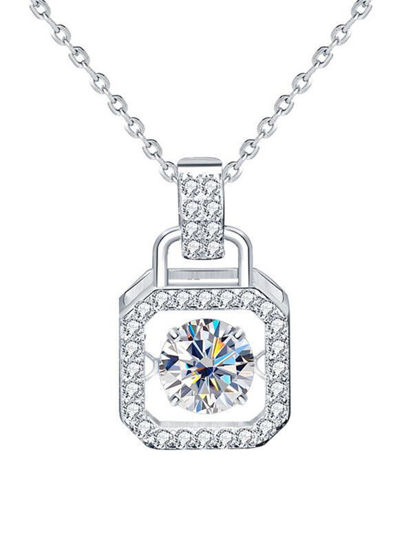 

Moissanite Jewelry Collection Casual Round Dancing Lock 925 Sterling Silver Necklace for Women with Cubic Zirconia Stone, Silver