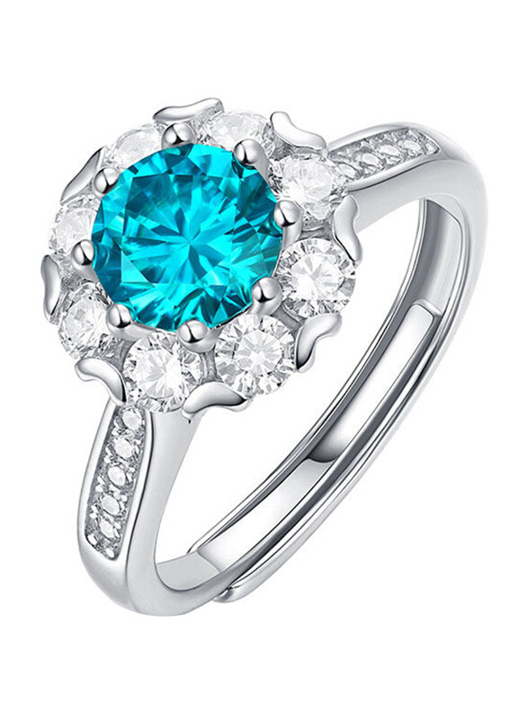 

Moissanite Jewelry Collection Round Flower 925 Sterling Silver Adjustable Ring for Women with Cubic Zirconia Stone, Blue/Silver, Free Size