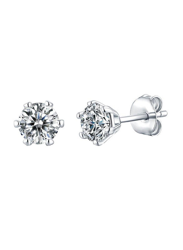 

Moissanite Jewelry Collection Simple Six Claw Round 925 Sterling Silver Stud Earrings for Women with Moissanite Cubic Zirconia Stone, 1 Carat Silver