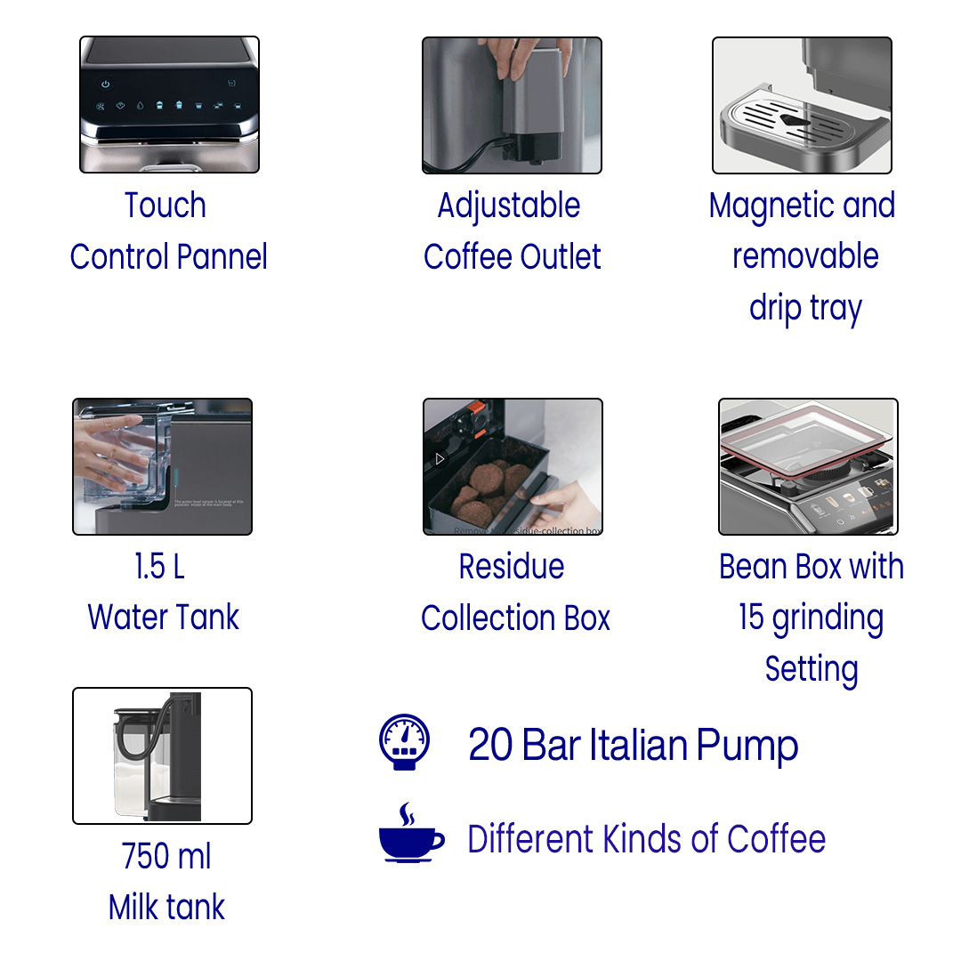 Generaltec Fully Automatic Touch Display Coffee Machine with 20 Bar Italian Pump, 1.5 L Water Tank and 750 ML Milk Tank, Makes 5 kind of Drinks.