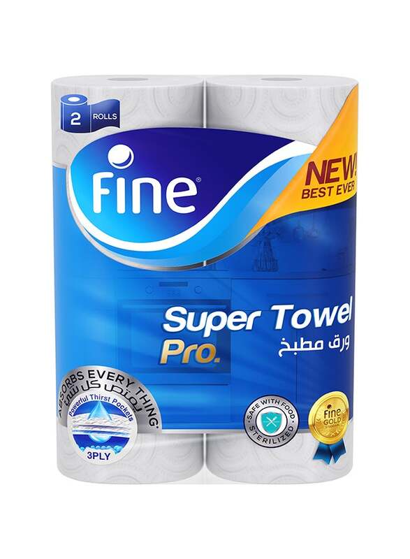 Fine 3 Ply Towel Pro Highly Absorbent Sterilized & Half Perforated Kitchen Paper Towel, 2 Rolls