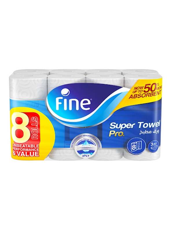 Fine Kitchen Paper Towel Super Pro, Sterilized Tissues for Germ Protection, White, 8 Rolls