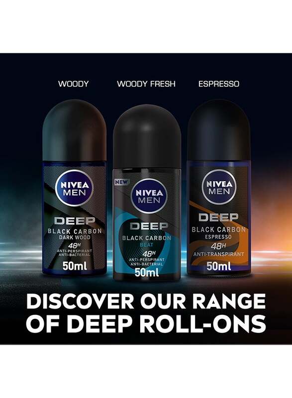 Nivea Men Deep Black Carbon Dark Wood Antiperspirant Antibacterial Roll-On, 50ml