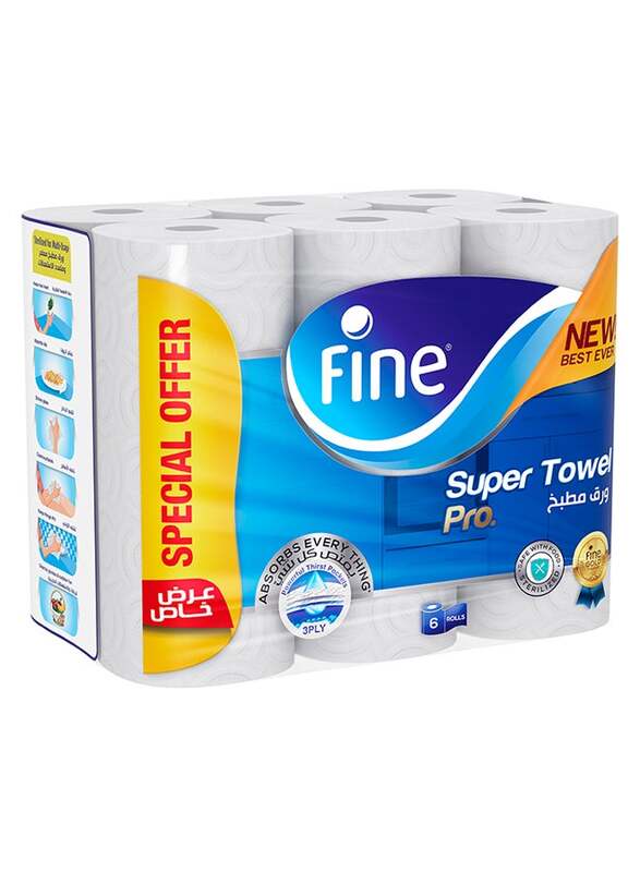 Fine Towel Pro Highly Absorbent Sterilized & Half Perforated Kitchen Paper Towel, 3 x 6 Rolls
