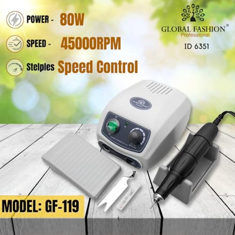 Global Fashion Professional High-Powered Nail Drill Machine for Manicure and Pedicure, 80W, GF-119, Multicolour