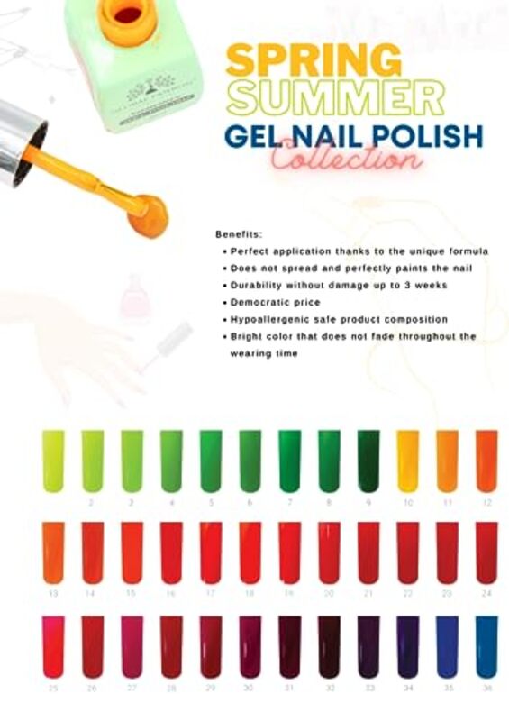 Global Fashion Professional Summer/Spring 36 Colors Collection Gel Nail Polish, Long Lasting Non-Toxic, 8ml, 11, Orange