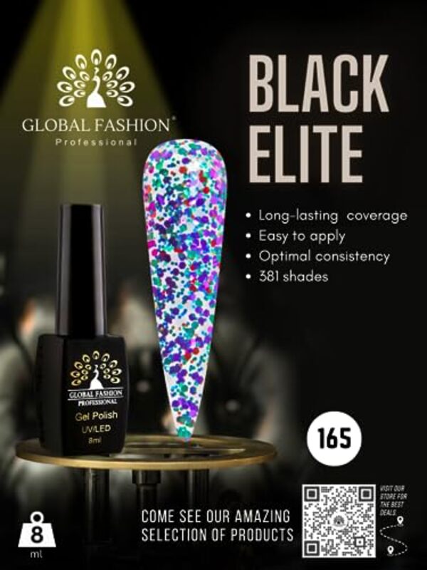 Global Fashion Professional Black Elite Gel Nail Polish, 8ml, 165, Multicolour