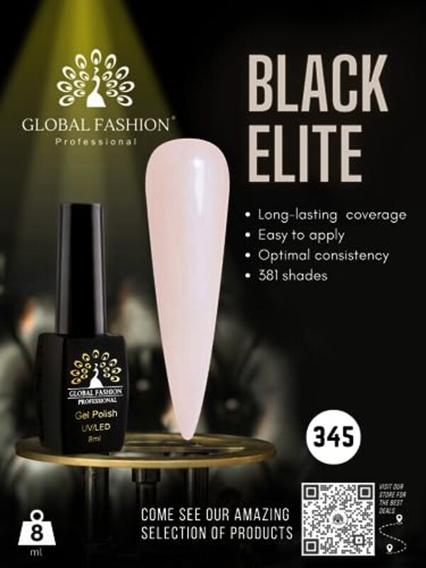 Global Fashion Professional Black Elite Gel Nail Polish, 381 Colors of Long-Lasting Elegance, 8ml, 345, White