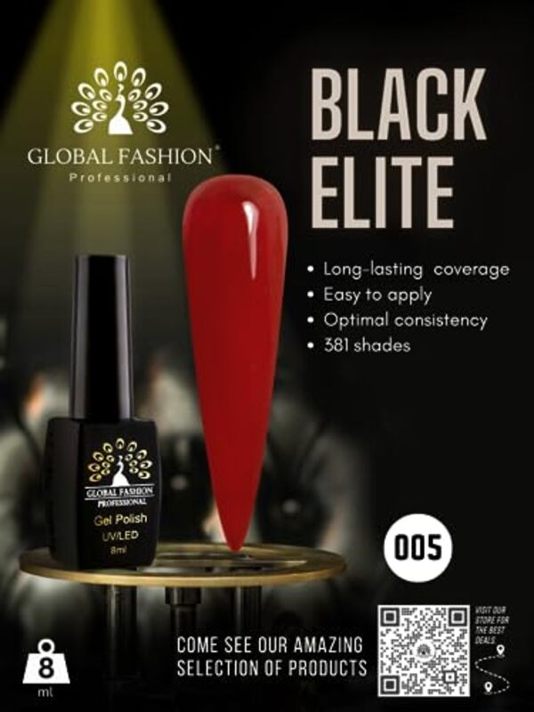 Global Fashion Professional Black Elite Gel Nail Polish, 8ml, 005, Red