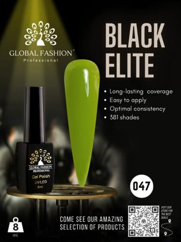 Global Fashion Professional Black Elite Gel Nail Polish, 8ml, 047, Green