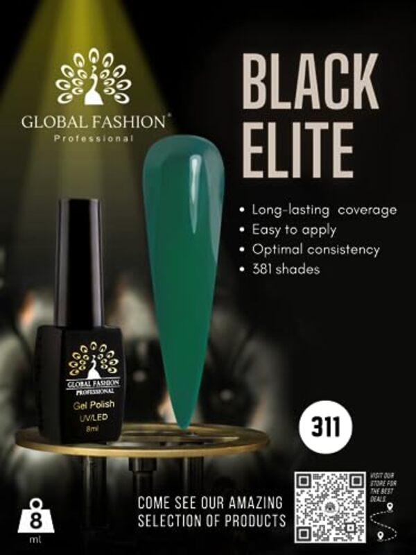 Global Fashion Professional Black Elite Gel Nail Polish, 381 Colors of Long-Lasting Elegance, 8ml, 311, Green