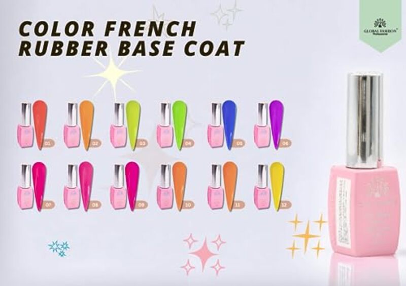 Global Fashion Professional Neon Base Coat Nail Polish, Non-Toxic Nail Treatment Vegan Cruelty Free, 8ml, 09, Pink