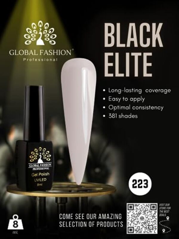 Global Fashion Professional Black Elite Gel Nail Polish, 8ml, 223, Grey