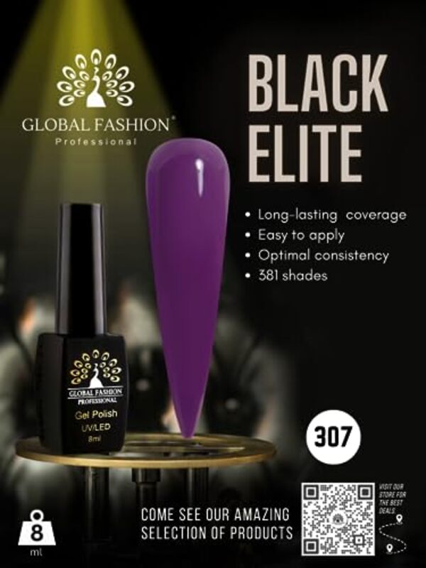 Global Fashion Professional Black Elite Gel Nail Polish, 381 Colors of Long-Lasting Elegance, 8ml, 307, Purple